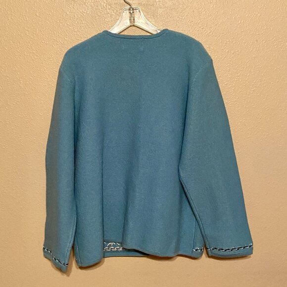 LINEA by LOUIS DELL'OLIO Teal 100% Wool Embroidered Cardigan Sweater Size L - Picture 2 of 8